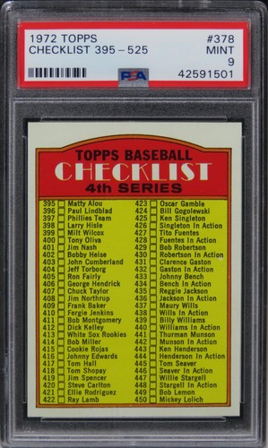 1972 Topps Checklist 395-525 #378 PSA 9 MINT