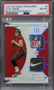 2021 Panini National Treasures Kyle Trask RC DUAL MATERIALS PLATINUM 1/1 9 PSA 8