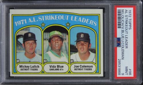 1972 Topps AL Strikeout Leaders M.LOLICH/V.BLUE/J.COLEMAN #96 PSA 9 MINT