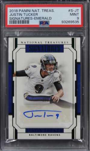 2018 Panini National Treasures Justin Tucker SIGNATURES-EMERALD #S-JT PSA 9 MINT