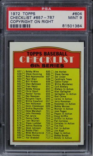 1972 Topps Checklist 657-787 COPYRIGHT ON RIGHT #604 PSA 9 MINT