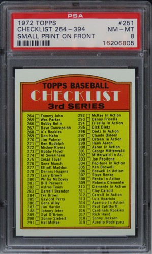 1972 Topps Checklist 264-394 SMALL PRINT ON FRONT #251 PSA 8 NM-MT