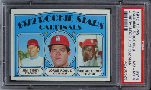 1972 Topps Cardinals Rookies J.BIBBY/J.ROQUE/S.GUZMAN #316 PSA 8 NM-MT
