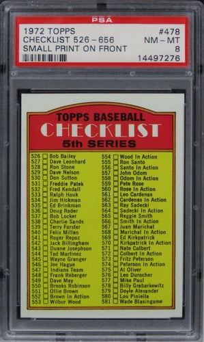 1972 Topps Checklist 526-656 SMALL PRINT ON FRONT #478 PSA 8 NM-MT