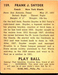 1940 Play Ball Pancho Snyder #159 VG