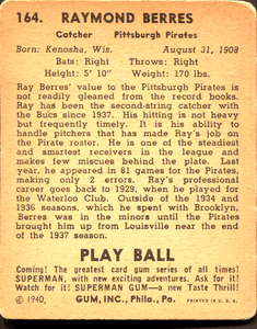 1940 Play Ball Ray Berres #164 GOOD