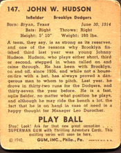 Load image into Gallery viewer, 1940 Play Ball Johnny Hudson #147 GOOD