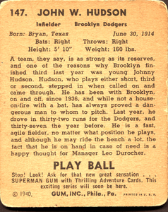 1940 Play Ball Johnny Hudson #147 GOOD